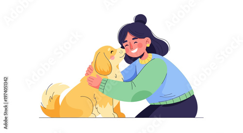 A cheerful character celebrates national pet day in this vector illustration, depicting a woman hugging her golden retriever with excitement and awareness of animal welfare against a clean