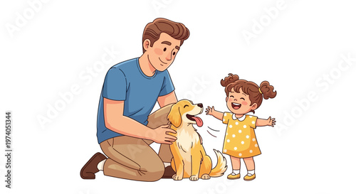 Cartoon illustration celebrating National Pet Day, depicting a happy family with a young girl excitedly reaching out to pet their golden dog while the father smiles in a heartwarming moment