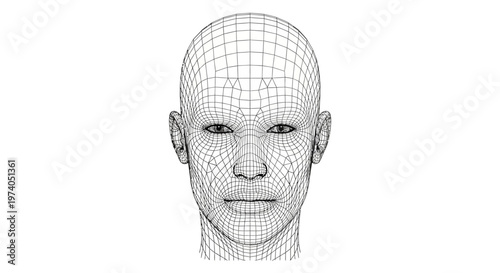 Human face wireframe grid representing biometric data and facial recognition.