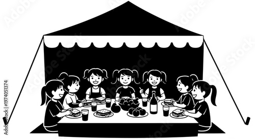 a charming black and white illustration of girls enjoying a picnic under a tent with food and drinks on transparent background silhouette high quality professional detailed