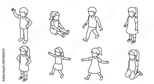 Isometric children set, various poses and actions, line art illustration.