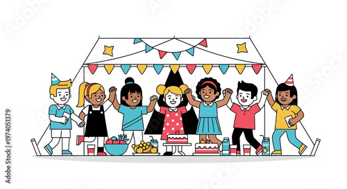 a colorful illustration depicting a cheerful group of children celebrating a birthday party under a festive tent on transparent background silhouette high quality professional detailed modern