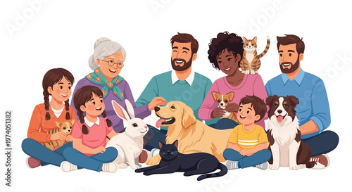 Colorful vector art celebrating animal welfare with a diverse group of people and their pets, including dogs, cats, and rabbits, posing together in a cheerful illustration against a clean