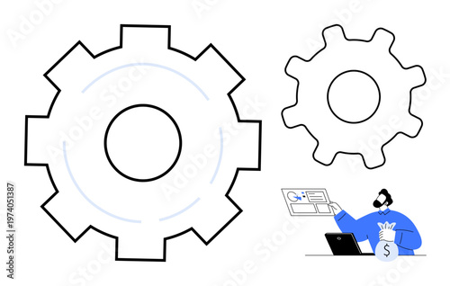 Automation, financial growth, business management, strategy planning, innovation, efficiency. Two large gears and person with money bag and laptop. Automation and financial growth concept