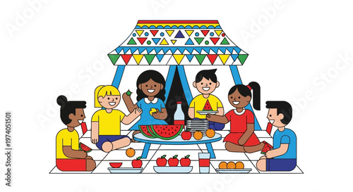 A vibrant illustration of children enjoying a picnic with colorful fruits and a patterned shelter on transparent background silhouette high quality professional detailed modern elegant stylish