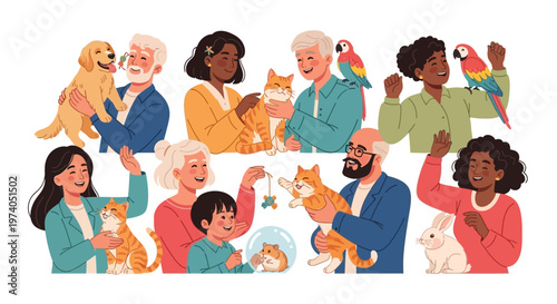 A diverse group of happy people celebrate a vector-style illustration for national pet day, showcasing characters with excitement and raising awareness of animal welfare in a heartwarming