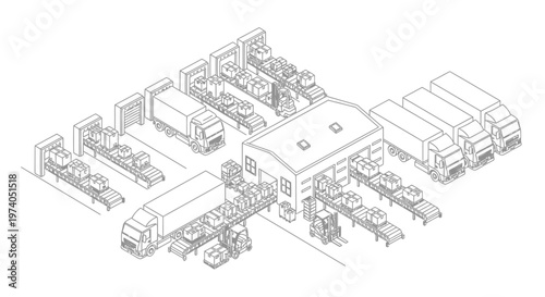 Isometric illustration of a busy logistics hub with trucks and loading docks.