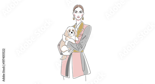 Stylized vector art celebrating National Pet Day depicts a fashionable woman holding her Cavalier King Charles Spaniel, conveying excitement and awareness of animal welfare with a clean