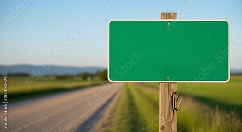 Tranquil rural road with empty green signpost awaits custom information