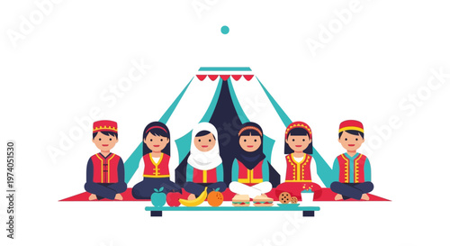 a colorful illustration depicting six children in traditional attire seated before a picnic spread under a tent silhouette on transparent background high quality professional detailed modern