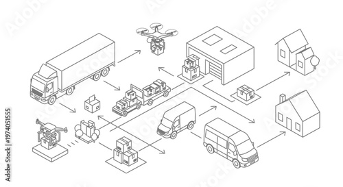 Isometric illustration of a complex logistics and delivery network with various vehicles and drones.