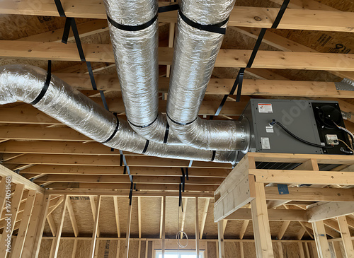 Ductwork ventilation system installed in new construction building. Building Construction & HVAC Systems