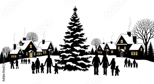 a wintry scene depicting a christmas tree with families and houses in a stylized silhouette on transparent background high quality professional detailed modern elegant stylish clean
