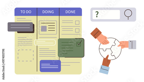 Teamwork, productivity, project management, organization, collaboration, workflow optimization. Kanban board with tasks and hands assembling a puzzle. Teamwork and productivity concept