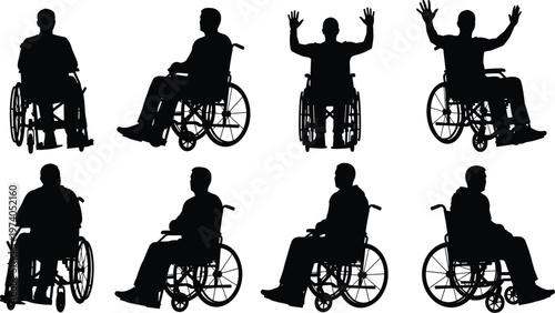 Wheelchair user silhouettes set isolated on white background, disabled people mobility poses collection, accessibility and inclusivity concept, rehabilitation lifestyle illustration