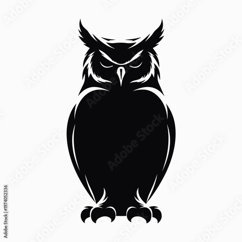 Minimalist black owl silhouette vector, majestic nocturnal bird of prey icon, wise owl mascot logo graphic on white background