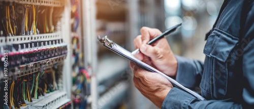 Technician inspecting and writing notes on electrical panel