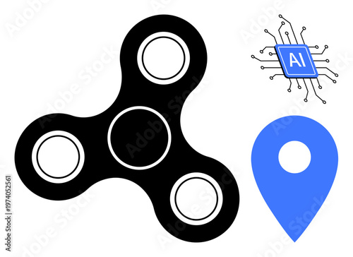 Technology, connectivity, artificial intelligence, gamification, tracking, location services. A black fidget spinner, AI chip and blue location pin. Technology and connectivity concept