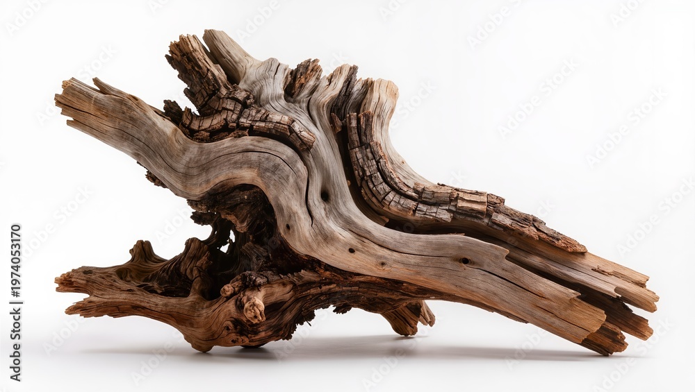 Fototapeta premium Weathered Driftwood Branch Isolated on White Background