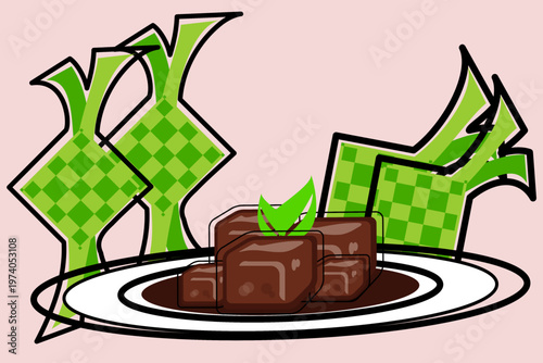 Traditional Malaysian Beef Rendang with Sliced Turmeric Leaves on a Plate Illustration