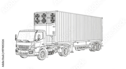 Detailed line drawing of a modern refrigerated container truck.