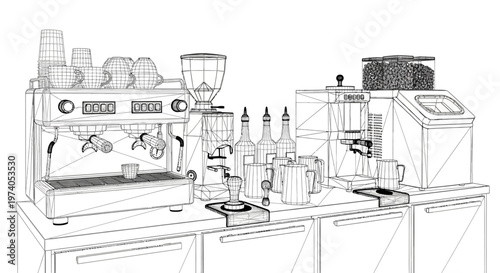 Detailed wireframe drawing of a modern coffee shop counter with espresso machines and accessories.