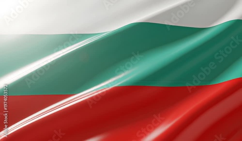 Close-up of the national flag of Bulgaria waving in the wind, showcasing its white, green, and red horizontal stripes.
