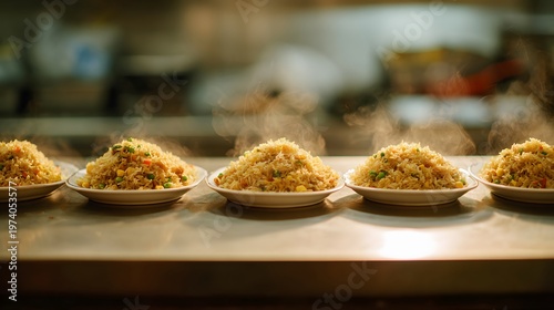 Row of plates of fried rice with steam rising in restaurant kitchen.