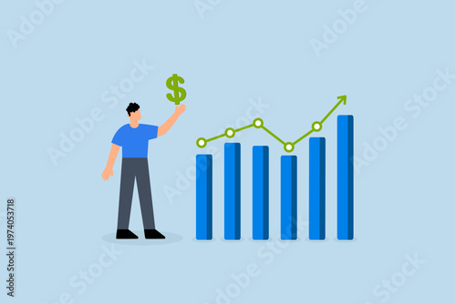 Sales person, entrepreneur grips cash alongside upward trend graph