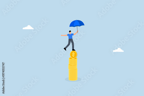 Financial stability, entrepreneur balances an umbrella on precarious stack of coins