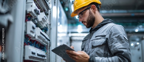 Engineer inspecting electrical panel with tablet