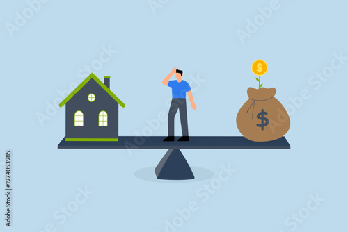 Businessman is weighing the options of either paying off mortgage or investing for profit.