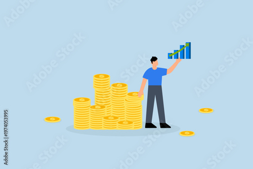 Success investment growth, Successful entrepreneur with pile of coins and rising graph