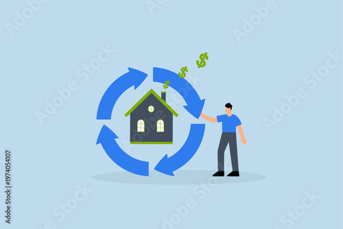 Reverse mortgage, businessperson is generating dollar symbols by using their house as collateral for reverse mortgage