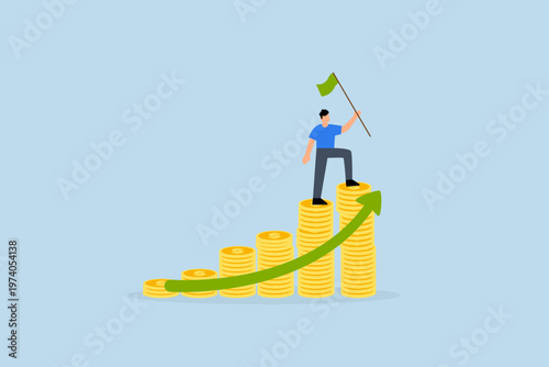 Financial success, Businessman with flag of success standing on pile of money signifies stock market earning idea