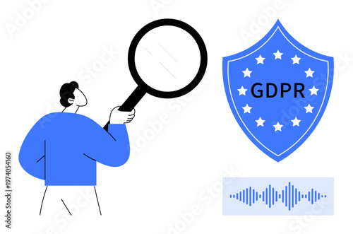 GDPR compliance. GDPR features data security, privacy regulation, and sound wave technology in a digital context. GDPR ensures safe data handling for apps, websites, and businesses. Broad data