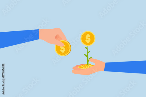 Investment growth, businessman hand placed coin on sprouting money plant.