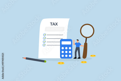 Tax planning, Businessman examines tax plan document with magnifying glass