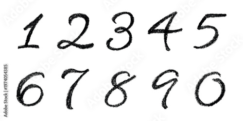Hand drawn black numbers 1 2 3 4 5 6 7 8 9 0 Stylish brush painted numbers with pencil texture Count, math, kids education