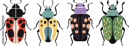 Hand-drawn vector beetle collection featuring colorful stylized ladybug and scarab insects with unique patterns, perfect for educational biology graphics, minimalist nature posters, and creative patte