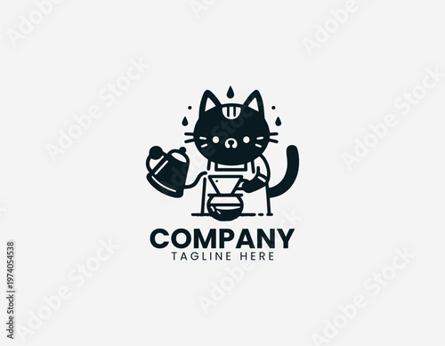 Cute cat preparing coffee with pour over method representing cafe lifestyle and beverage making activity in clean minimalist black vector illustration style on white background