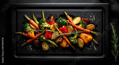 Roasted mixed vegetables with rosemary on a black baking tray