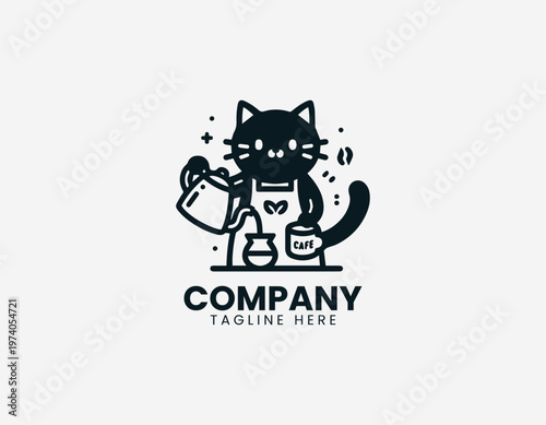 Cute cat preparing coffee with pour over method representing cafe lifestyle and beverage making activity in clean minimalist black vector illustration style on white background