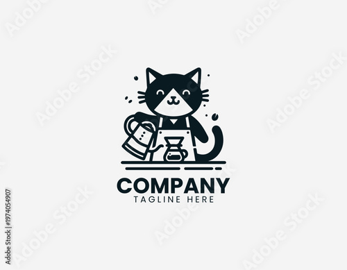 Cute cat preparing coffee with pour over method representing cafe lifestyle and beverage making activity in clean minimalist black vector illustration style on white background