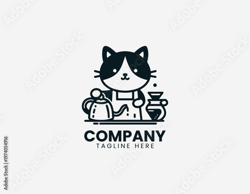 Cute cat preparing coffee with pour over method representing cafe lifestyle and beverage making activity in clean minimalist black vector illustration style on white background