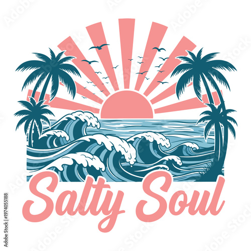 Canvas Print Salty Soul Tropical Ocean Sunset with Waves and Palm Trees Retro Beach Illustrat