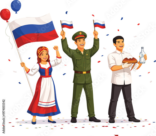 Russian people celebrating national holiday with flags, traditional dress, and military uniform