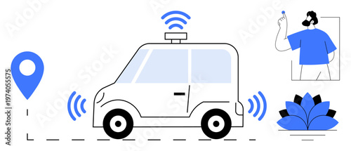 Autonomous driving, navigation systems, smart vehicles, IoT connectivity, transportation technology, telematics solutions. Self-driving car emitting wireless signals, map pin, and connected elements