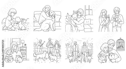 Collection of eight monochrome line art illustrations depicting various heartwarming interactions between people and their beloved pets, showcasing companionship, care, animal bonds.