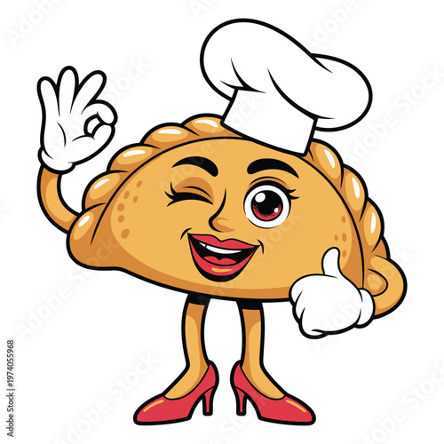 Cartoon empanada chef winking, wearing hat and high heels. pastry character giving thumbs up and okay gesture, culinary design